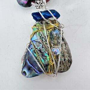 Artisan Hand Crafted Abalone Shell Pendant Beads Assemblage Art Necklace Leather